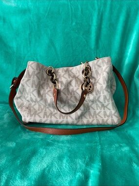 Michael Kors Beige Logo Shoulder Tote with Brown Leather Trim